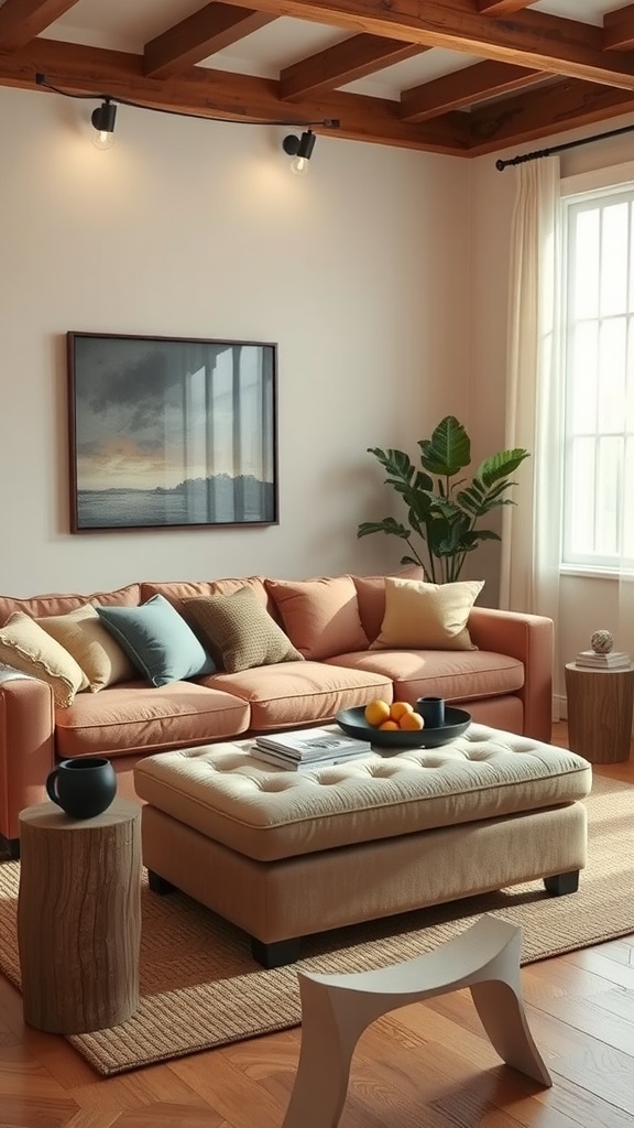 A cozy living room featuring a peach-toned sofa and a tufted ottoman, decorated with cushions and a bowl of fruit.