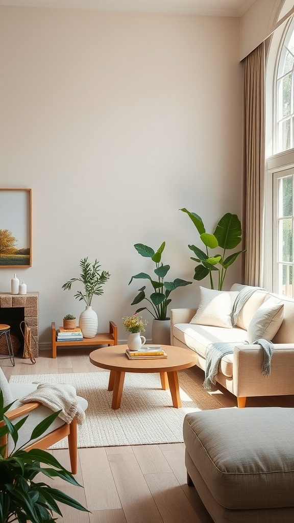 A cozy beige living room featuring plants, wooden furniture, and soft textures.