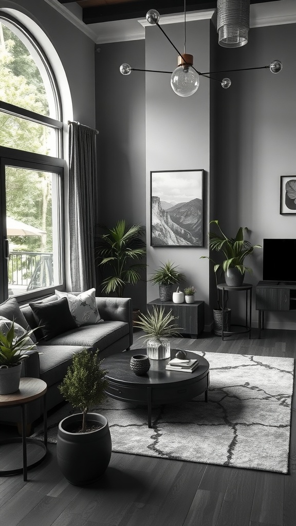 A stylish black and grey living room featuring large windows, plants, a grey sofa, and modern decor