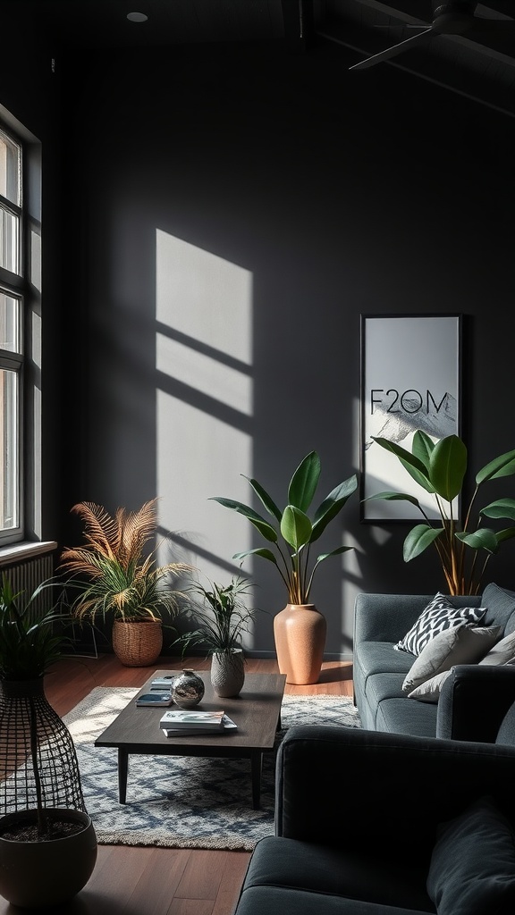 A stylish black living room featuring large windows, plants, and modern furniture.