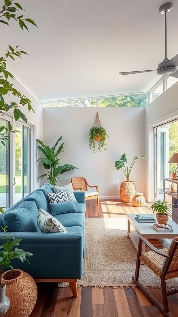 A living room featuring a blue couch, plants, and natural light, reflecting outdoor-inspired decor.