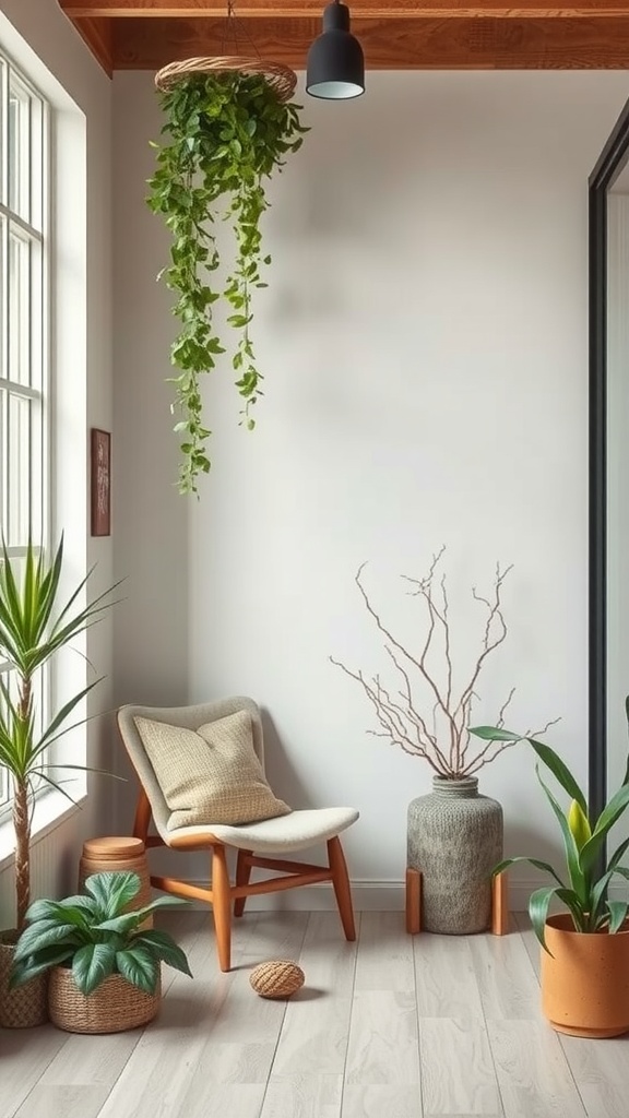 A cozy living room corner with plants, a minimalist chair, and natural elements.