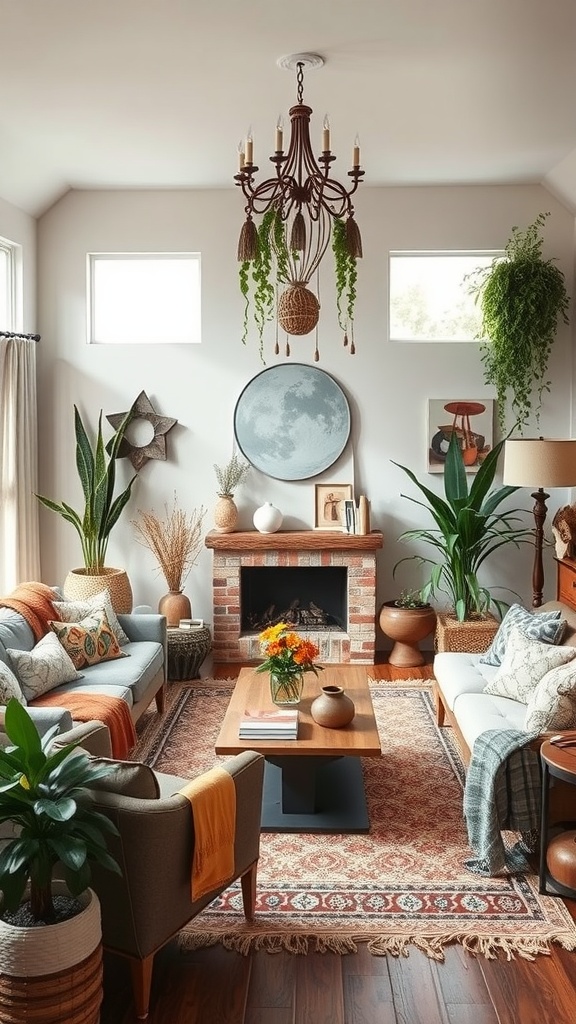 A cozy boho-style living room featuring plants, a chandelier with hanging greenery, and comfortable seating.