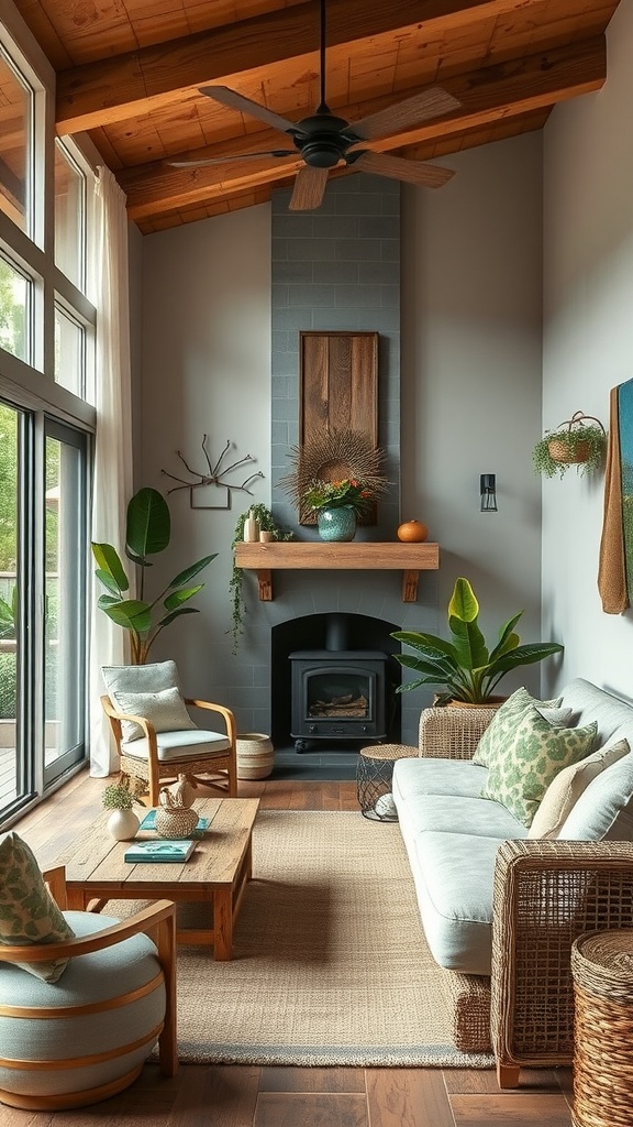 Cozy living room with outdoor-inspired decor, featuring natural light, plants, and comfortable furniture.