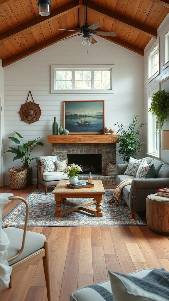 Cozy living room with wooden ceiling, large windows, and outdoor-inspired decor