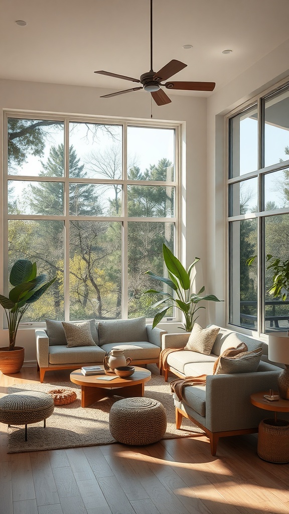 A modern rustic living room with large windows, natural light, plants, and cozy furniture.