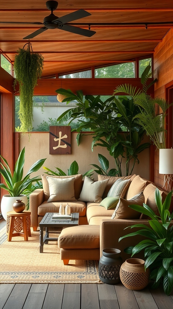 Cozy indoor living room featuring a brown couch surrounded by lush plants and wooden decor