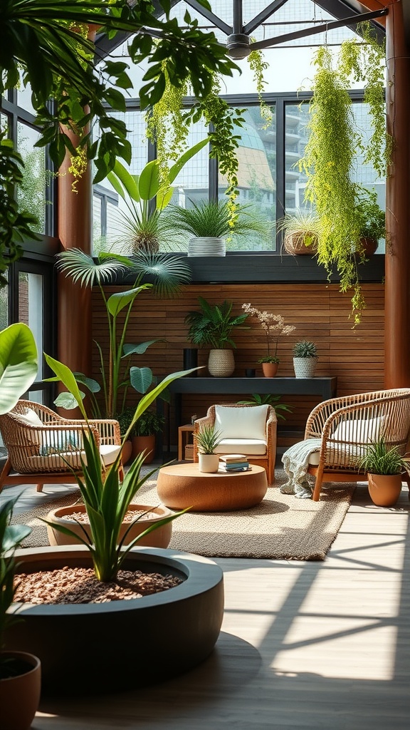 A cozy indoor space with plants, natural light, and comfortable furniture.