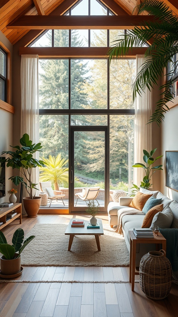 A bright living room with large windows showcasing greenery, wooden beams, plants, and inviting furniture.