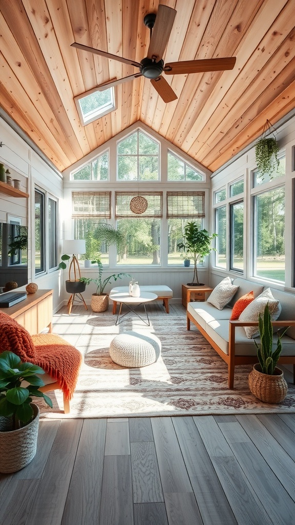 A bright mobile home living room with wooden beams and large windows, featuring plants, cozy furniture, and a warm color palette.