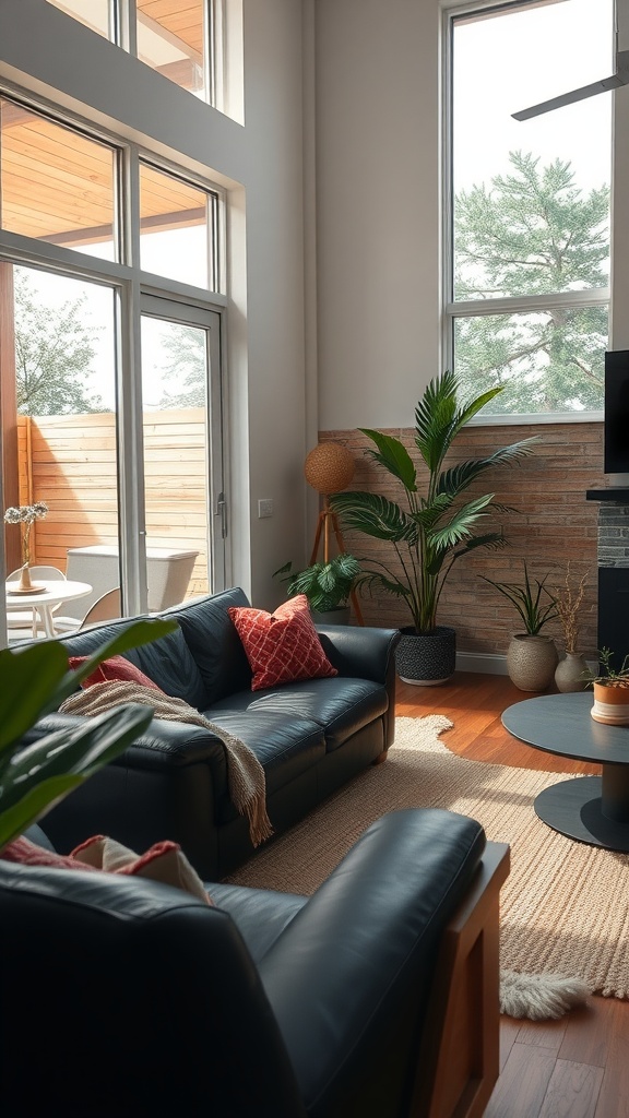 A cozy living room featuring a black leather couch, large windows with greenery outside, and warm wooden accents.