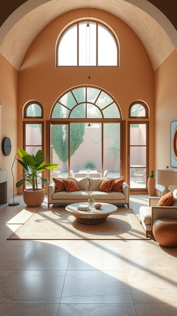 A bright Moroccan living room with large windows, earthy tones, and indoor plants.