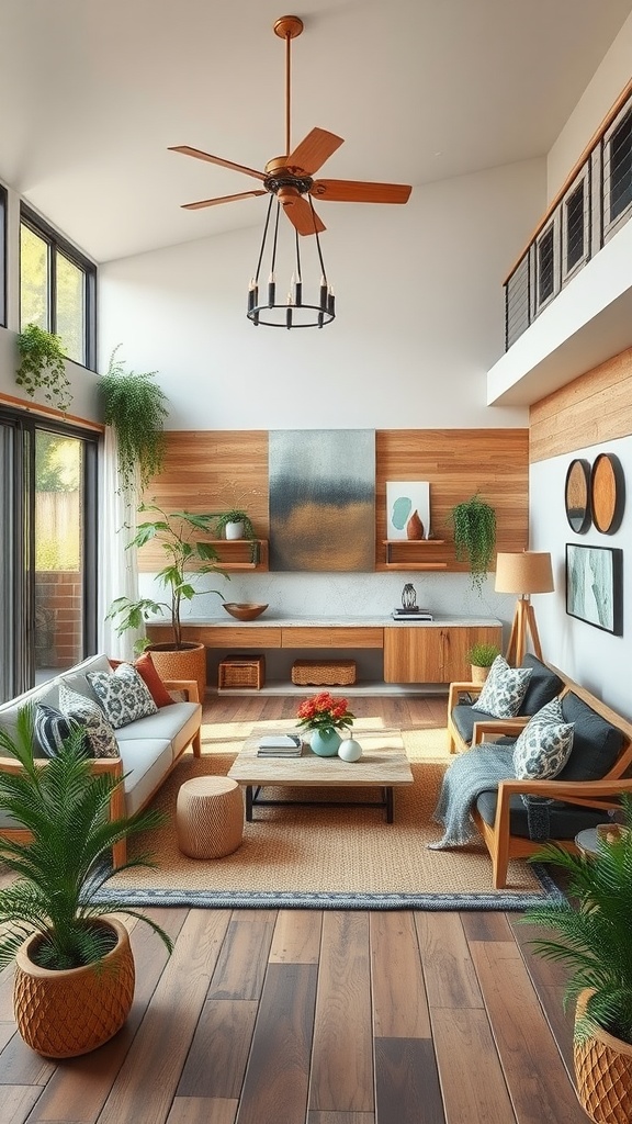 A large living room with natural elements, featuring plants, wooden furniture, and large windows.