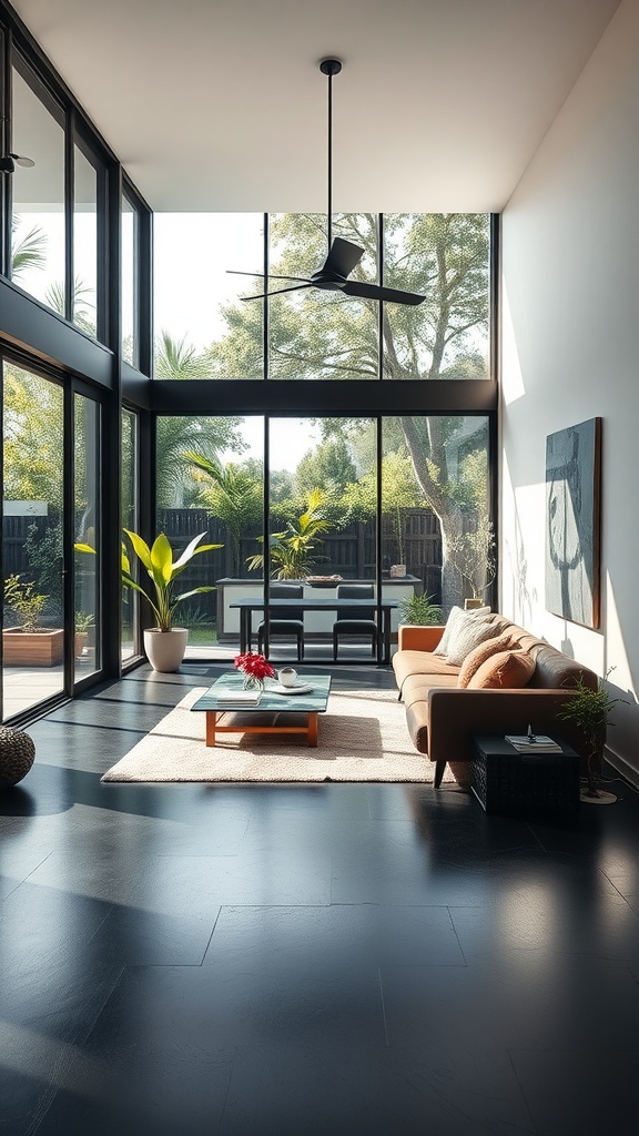 Modern living room with large windows, a black floor, and a cozy sofa