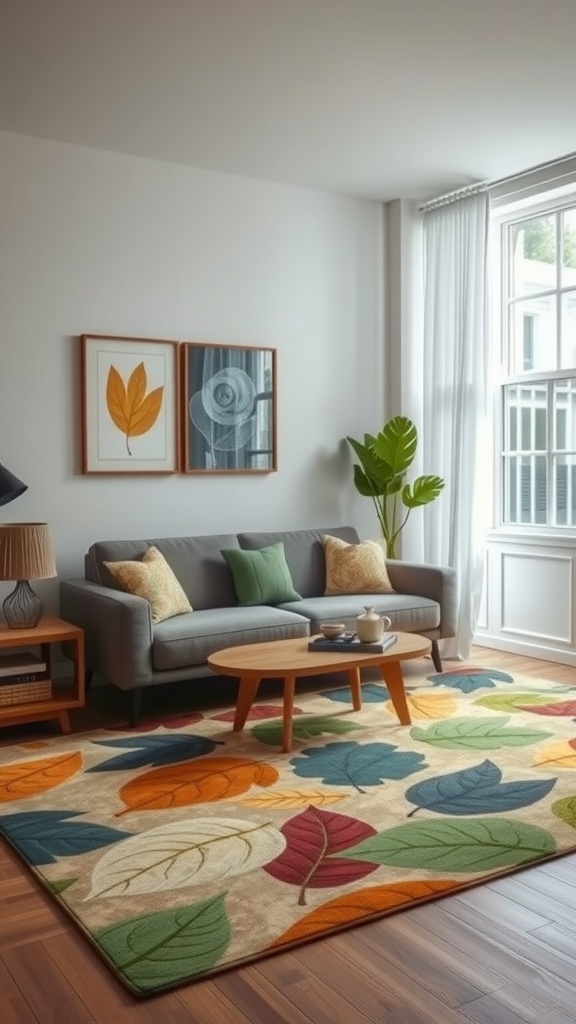 Living room featuring a colorful leaf-patterned rug, gray sofa, and indoor plants.