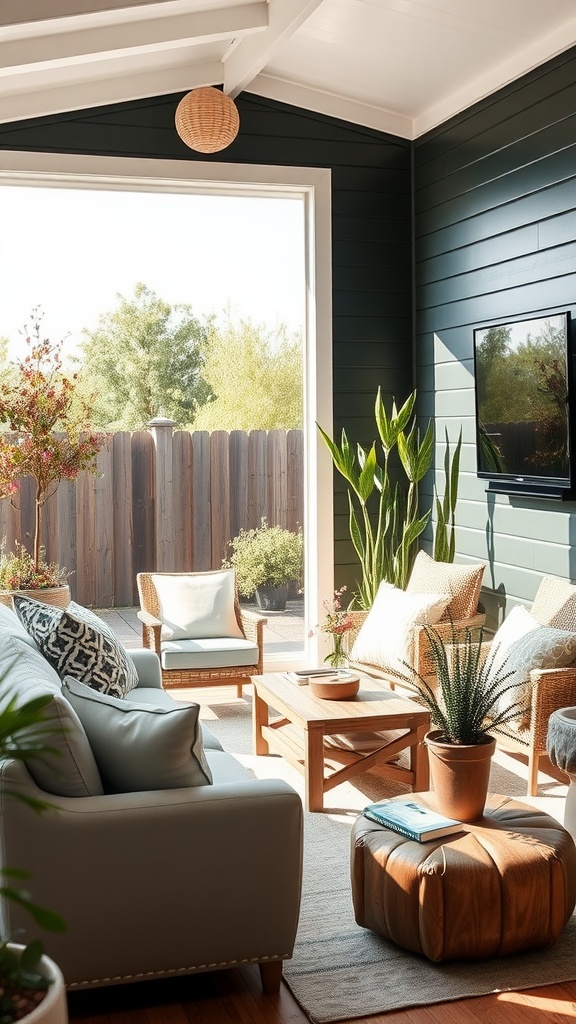 Cozy living room with black shiplap walls, large window, and natural light.