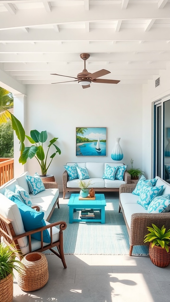 Outdoor-inspired living room with blue accents and white furniture, featuring plants and a coastal painting.