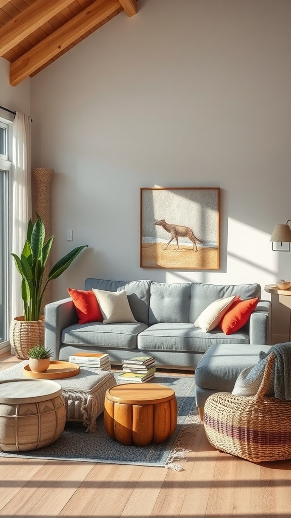 A cozy living room featuring a grey couch, wooden coffee tables, vibrant pillows, and a tall plant, creating an outdoor-inspired atmosphere.