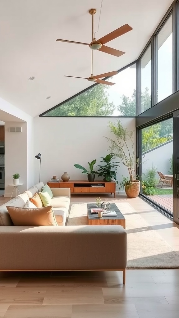 A bright and airy living room with large windows, plants, and cozy furniture, inspired by outdoor coastal elements.