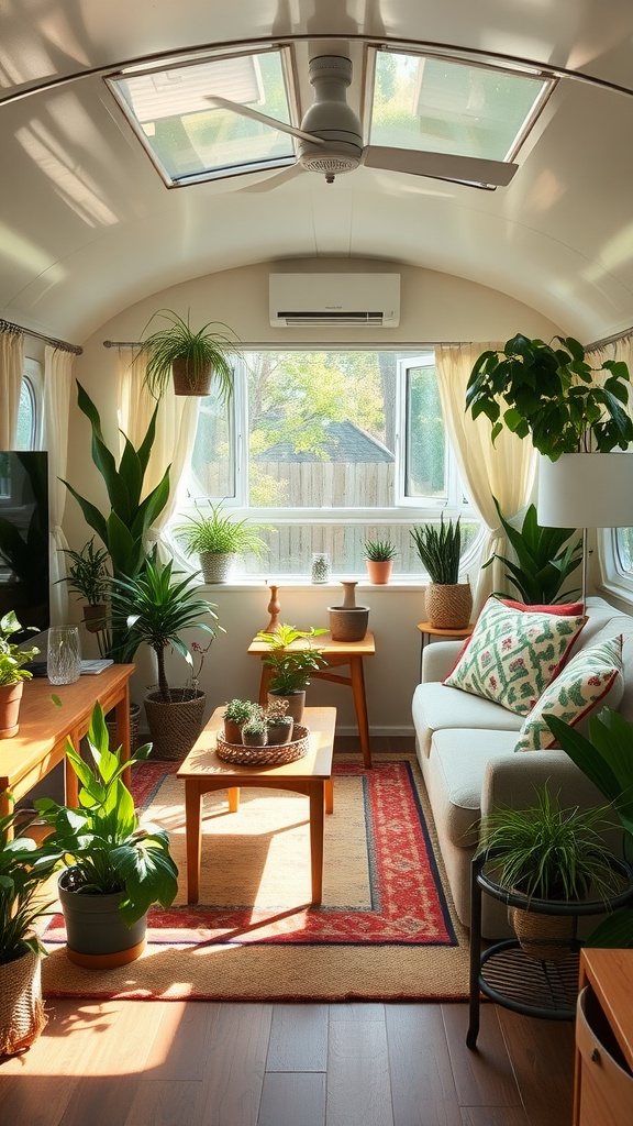 A cozy trailer house living room filled with various indoor plants, sunlight streaming through large windows, and comfortable furniture.