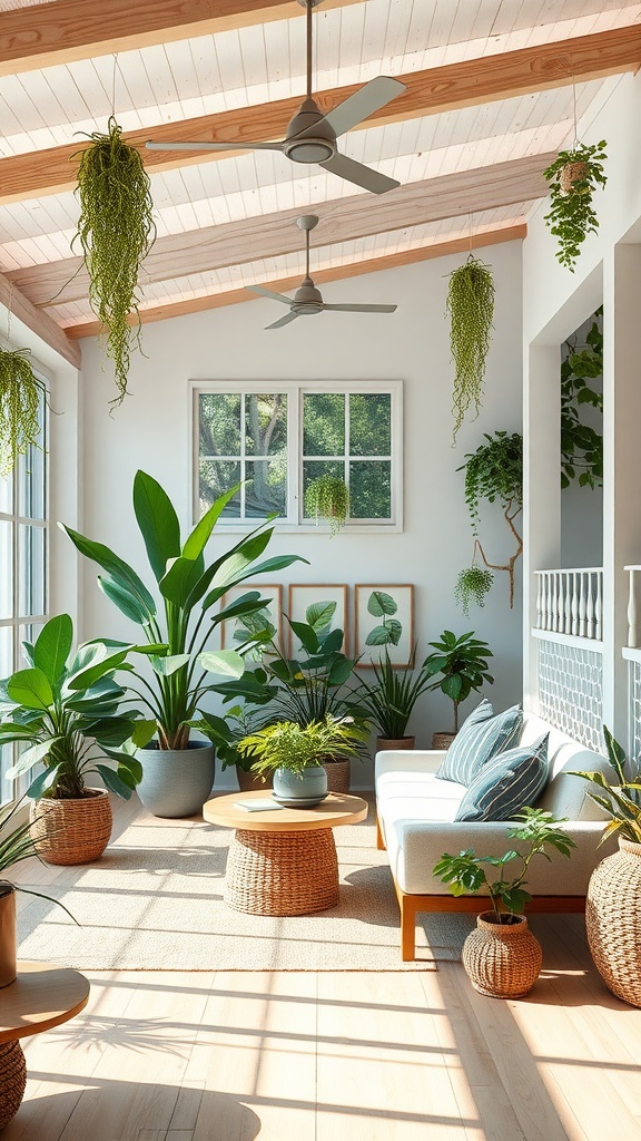 Bright and airy living room filled with green plants and natural light