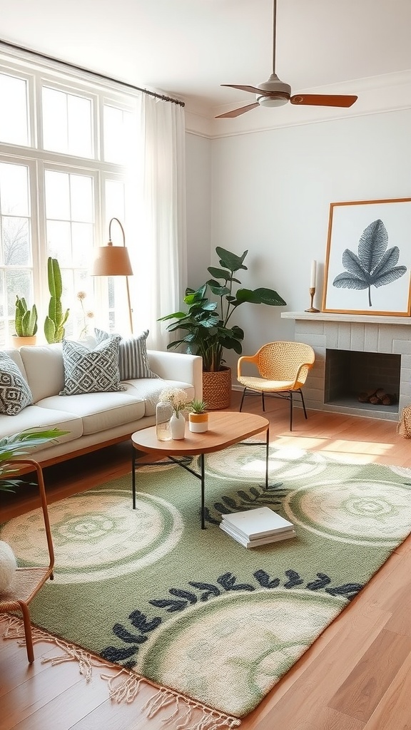 A bright living room featuring a green outdoor-inspired rug with circular patterns, a cozy couch, and potted plants.