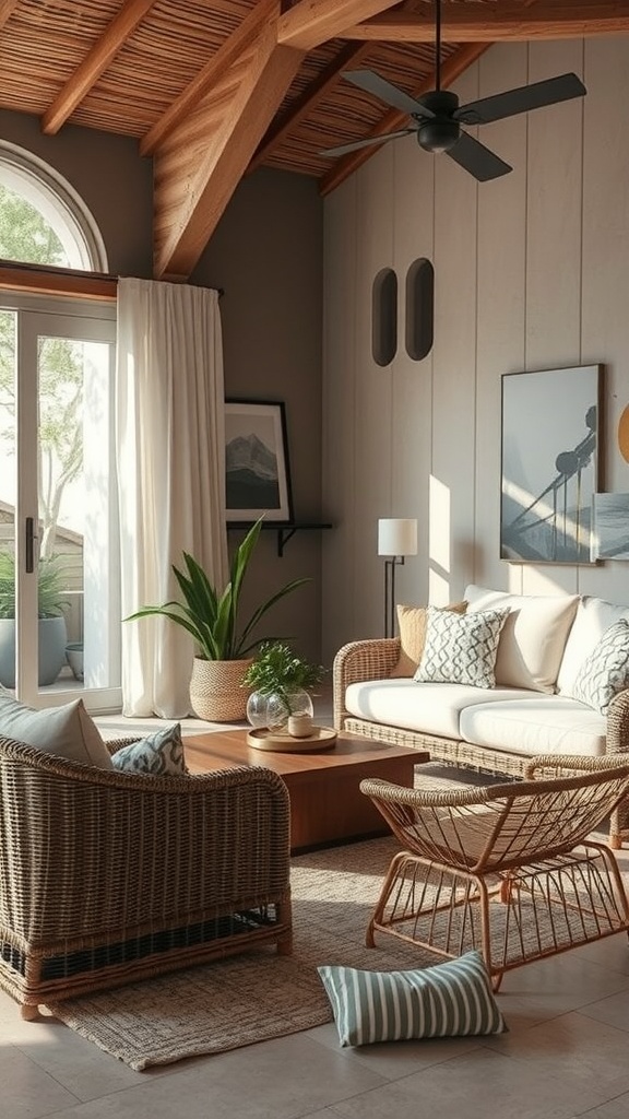 A cozy coastal living room featuring rattan furniture, wooden accents, and soft textiles, with natural light streaming in.