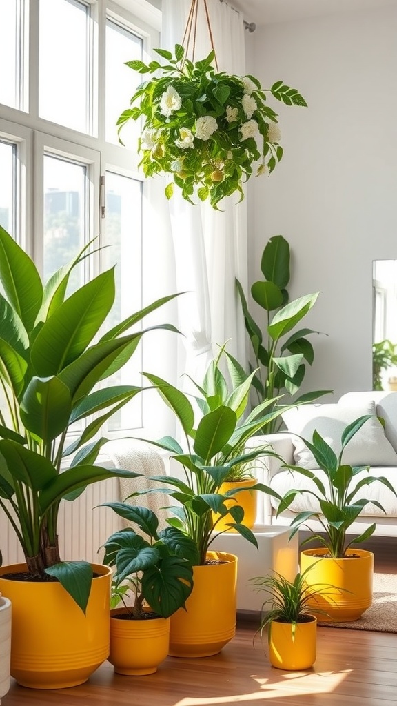 A bright living room with yellow planters and green indoor plants, featuring a hanging plant.