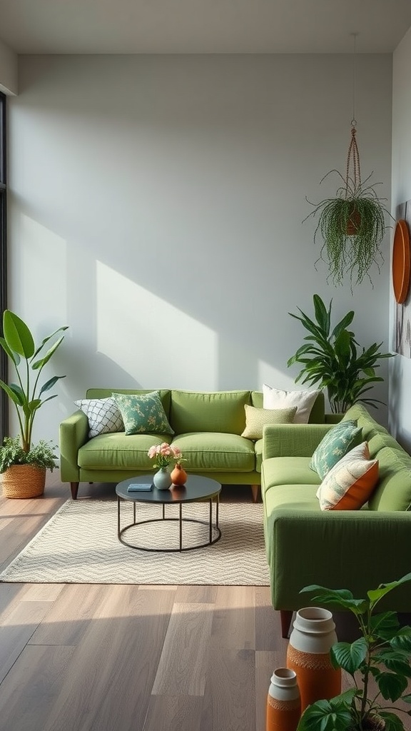 A bright living room featuring a green sofa, plants, and natural light, creating an outdoor-themed atmosphere.