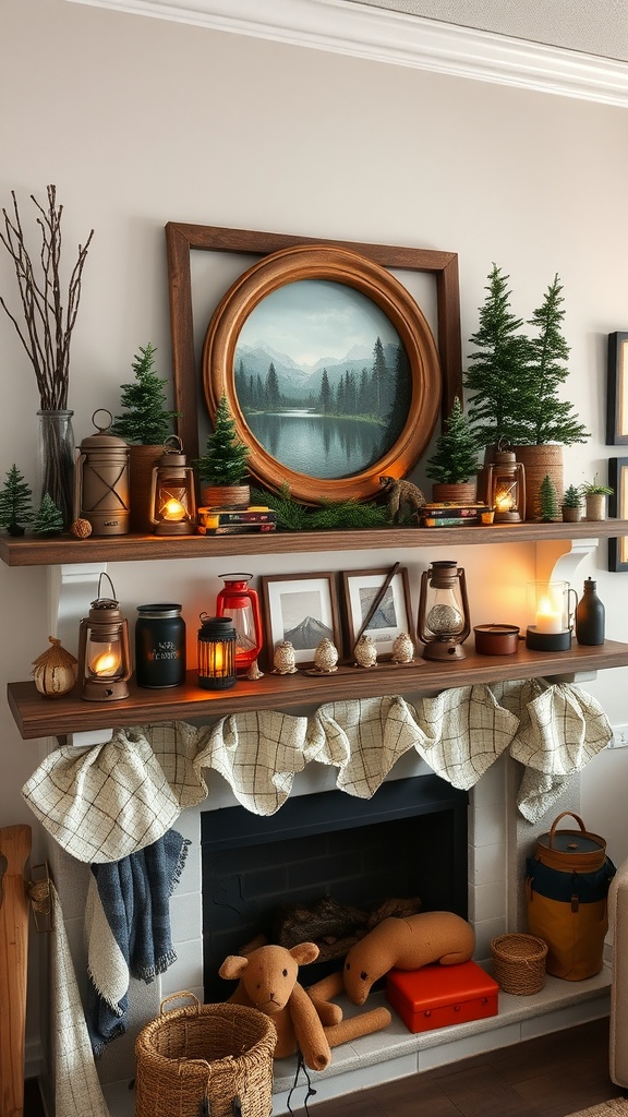 A mantel decorated with a landscape painting, mini evergreen trees, lanterns, cozy candles, books, and stuffed animals, creating an outdoor adventure theme.