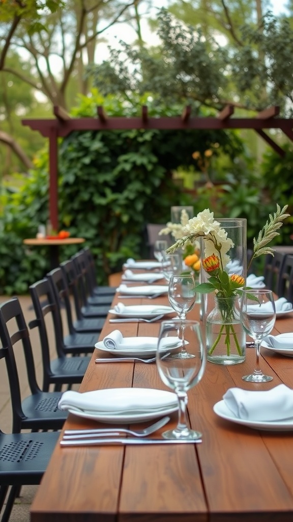 An outdoor dining setup with a long wooden table, elegant tableware, and surrounding greenery.