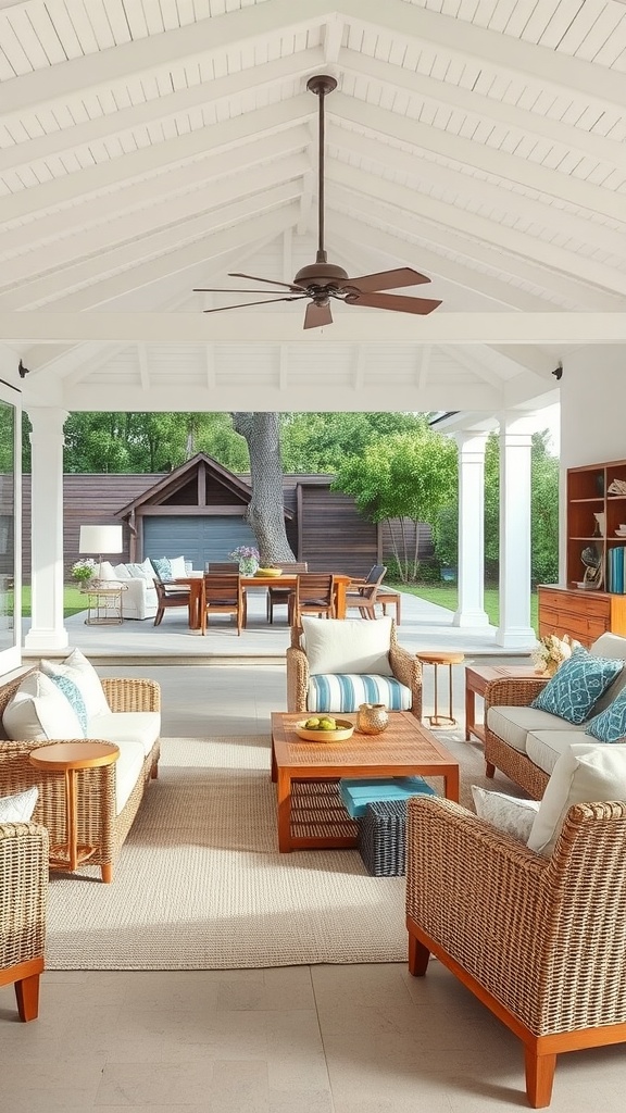 Outdoor living space with comfortable seating and a wooden table, surrounded by greenery