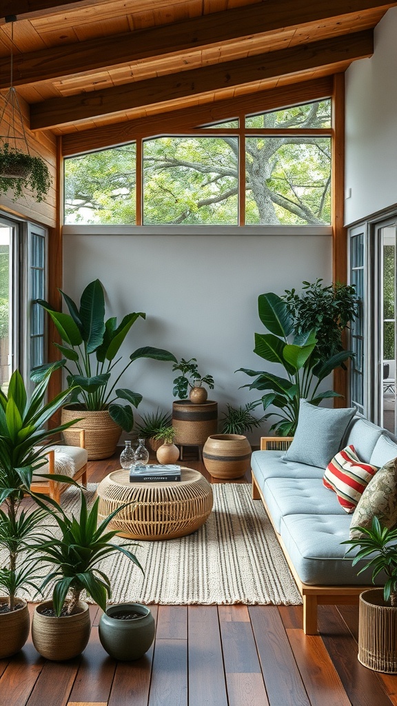 A cozy living room filled with various indoor plants, wooden furniture, and large windows allowing natural light.