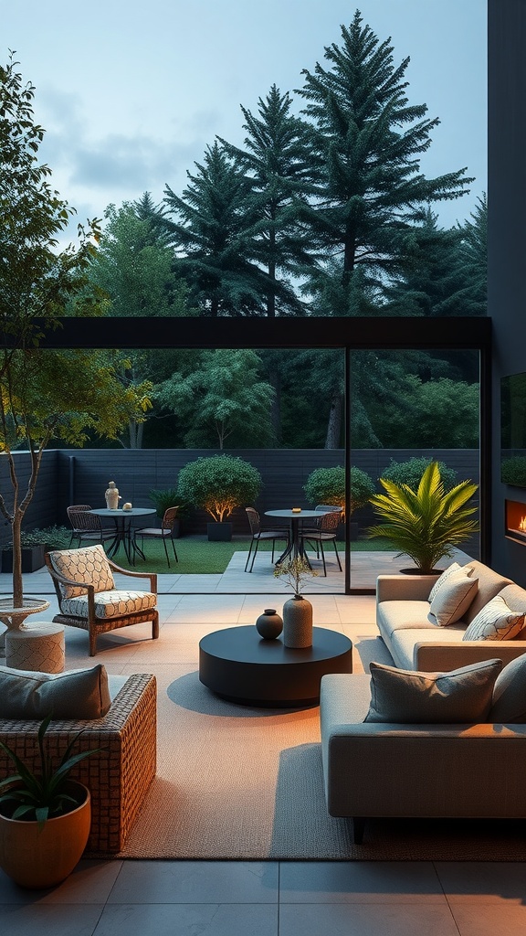 A cozy outdoor living area with soft lighting and greenery, showcasing a blend of indoor and outdoor spaces.