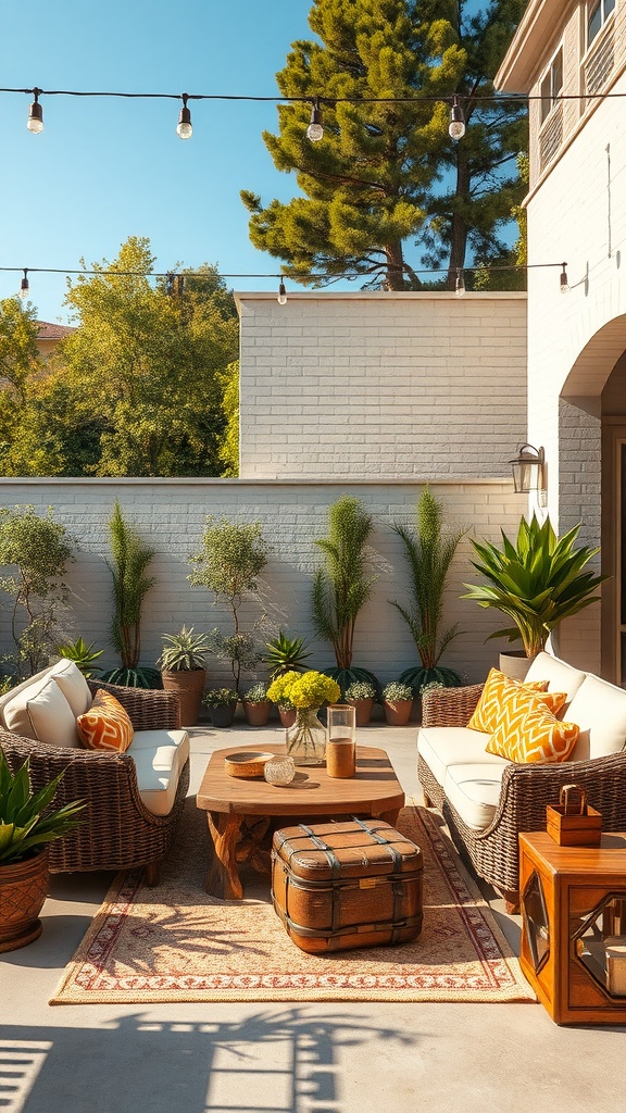 Charming outdoor living space with wicker furniture, bright pillows, and a cozy atmosphere