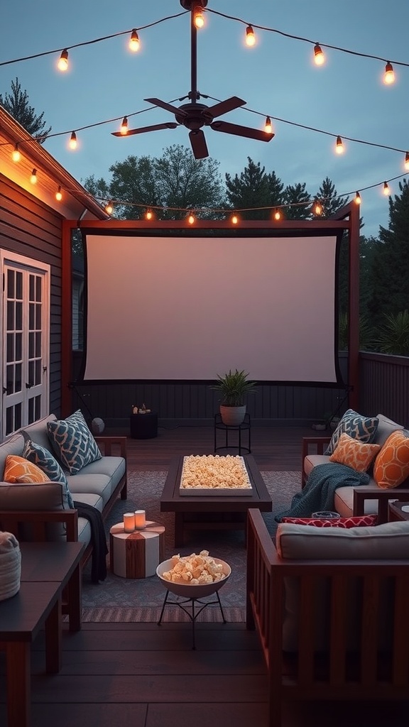 Cozy outdoor movie setup with a large screen, comfortable seating, popcorn, and string lights.