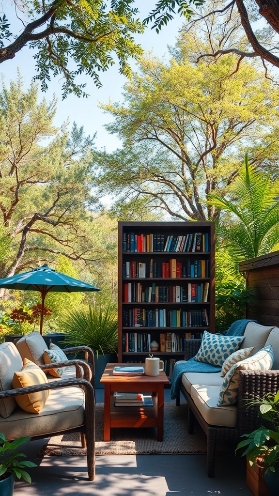 Cozy outdoor reading area with a bookshelf, comfortable seating, and lush greenery.