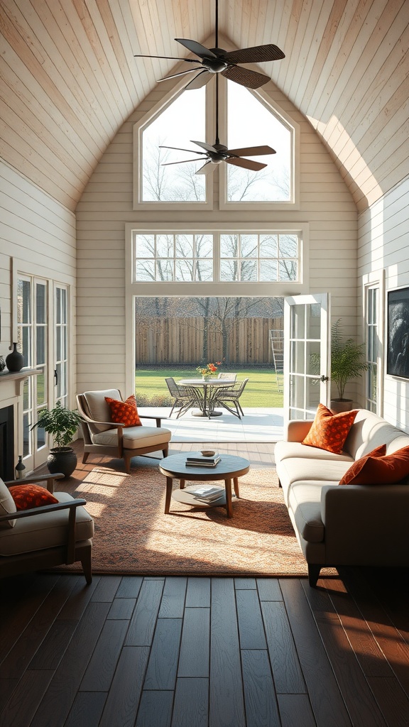 Bright and airy farmhouse living room with access to outdoor space