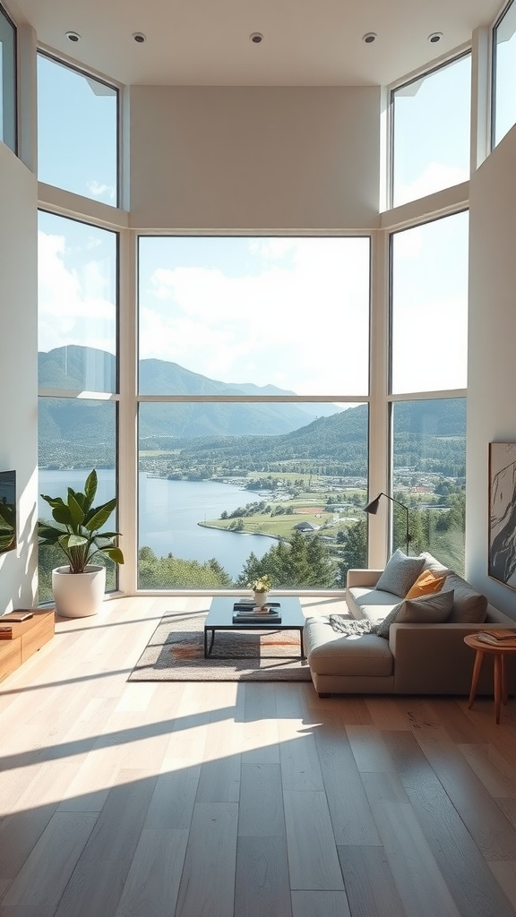 A sunken living room with large windows showcasing mountains and a lake