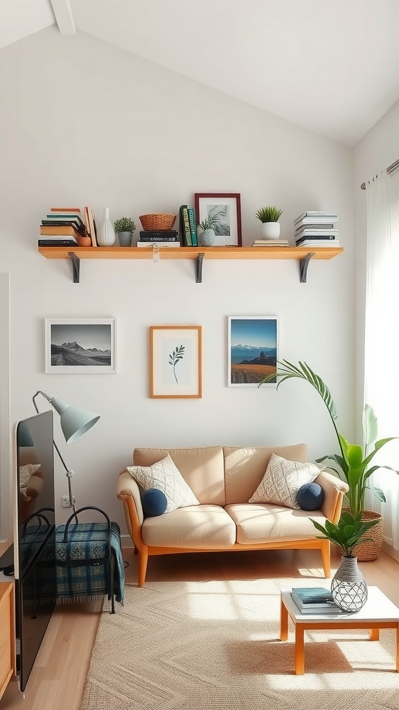 Cozy living room with overhead shelving featuring books, plants, and framed pictures