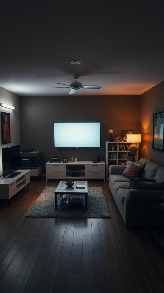 A dimly lit living room with a couch, coffee table, and TV, creating a somewhat awkward atmosphere.