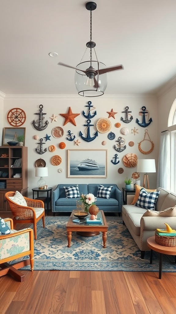 A living room with nautical themed decor featuring anchors and maritime elements on the wall.