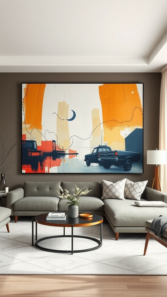 A living room featuring an oversized abstract canvas painting with vibrant colors and a cityscape scene.