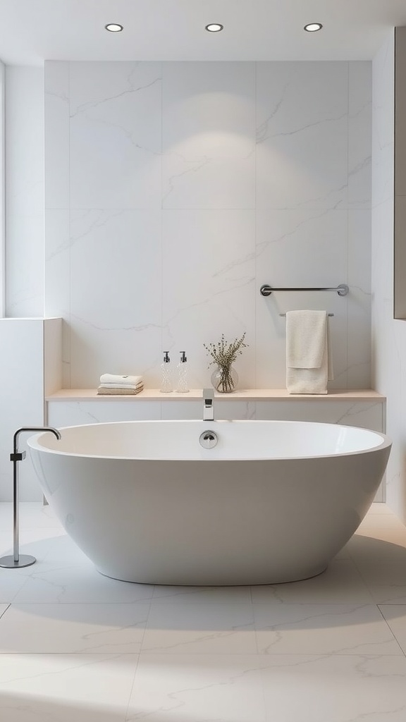 A modern oversized bathtub with a sleek design, built into a beautifully tiled bathroom.