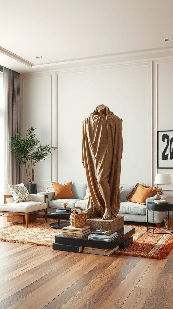 A modern living room featuring an oversized decorative sculpture draped in fabric, surrounded by cozy furniture and decor.