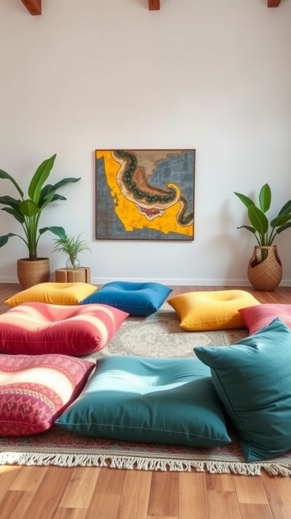 Colorful oversized floor cushions in a boho living room setting.