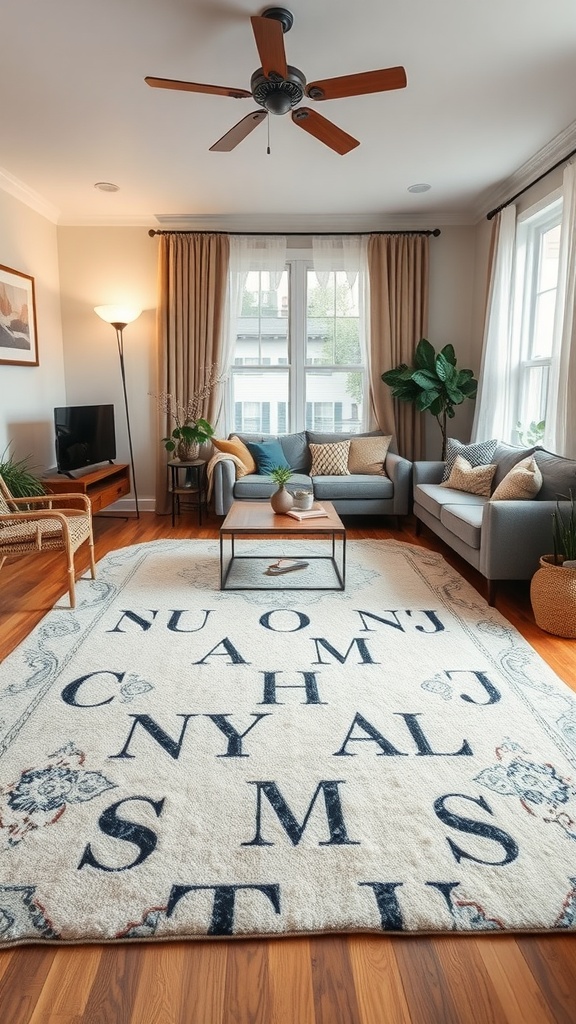 A cozy living room featuring an oversized rug with a unique pattern, sofa, coffee table, and plants.