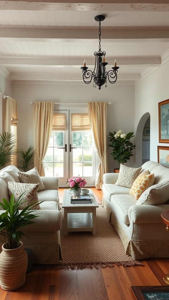 A cozy French country living room featuring two overstuffed couches, a wooden coffee table, and natural light.