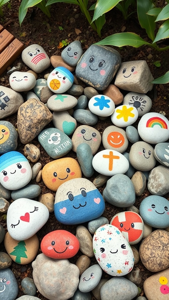 A colorful assortment of painted rocks with various cheerful designs.