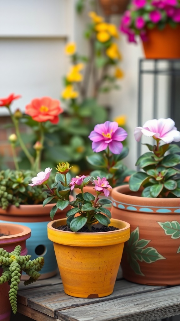 Colorful painted terracotta pots filled with blooming flowers